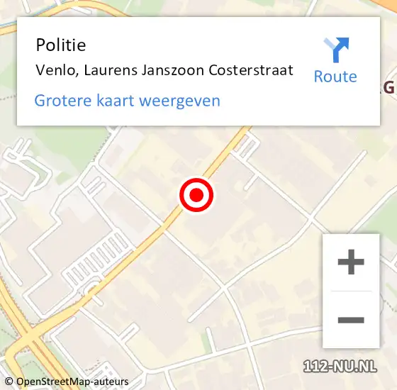 Locatie op kaart van de 112 melding: Politie Venlo, Laurens Janszoon Costerstraat op 11 september 2023 12:37