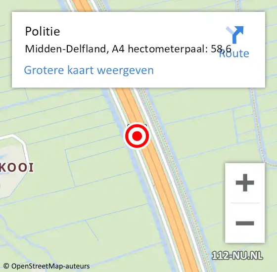 Locatie op kaart van de 112 melding: Politie Midden-Delfland, A4 hectometerpaal: 58,6 op 11 september 2023 13:18