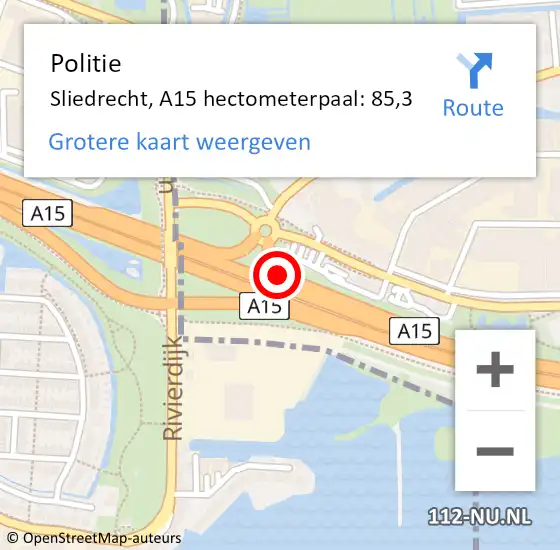 Locatie op kaart van de 112 melding: Politie Sliedrecht, A15 hectometerpaal: 85,3 op 11 september 2023 13:30