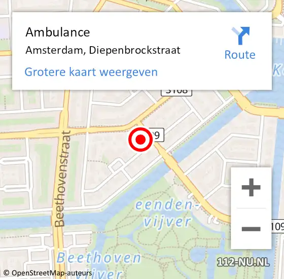Locatie op kaart van de 112 melding: Ambulance Amsterdam, Diepenbrockstraat op 11 september 2023 14:05
