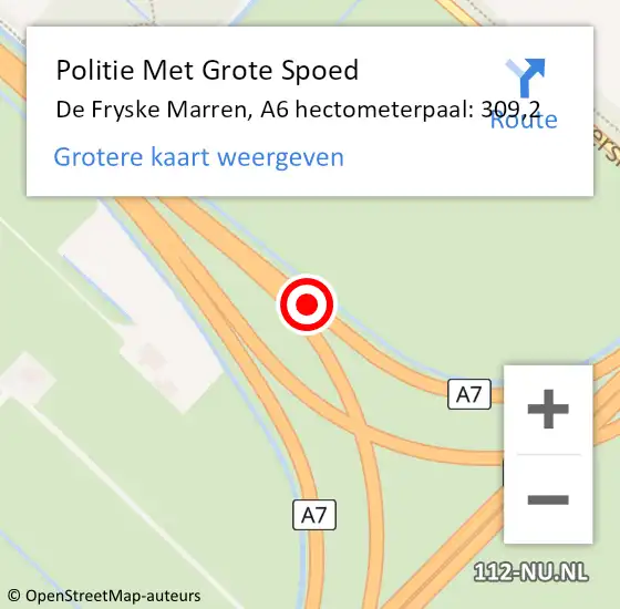 Locatie op kaart van de 112 melding: Politie Met Grote Spoed Naar De Fryske Marren, A6 hectometerpaal: 309,2 op 11 september 2023 14:20