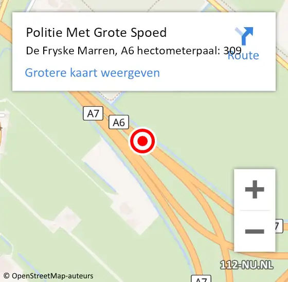Locatie op kaart van de 112 melding: Politie Met Grote Spoed Naar De Fryske Marren, A6 hectometerpaal: 309 op 11 september 2023 14:22