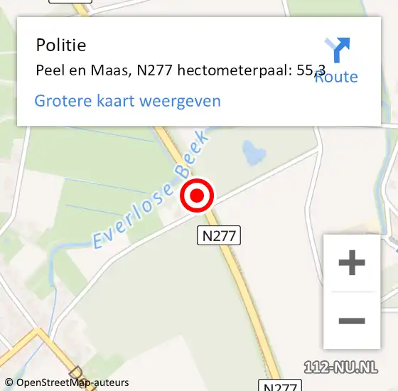 Locatie op kaart van de 112 melding: Politie Peel en Maas, N277 hectometerpaal: 55,3 op 11 september 2023 15:47