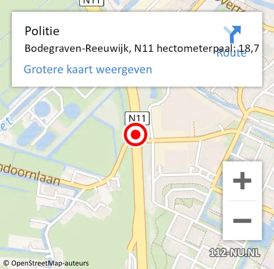 Locatie op kaart van de 112 melding: Politie Bodegraven-Reeuwijk, N11 hectometerpaal: 18,7 op 11 september 2023 16:24