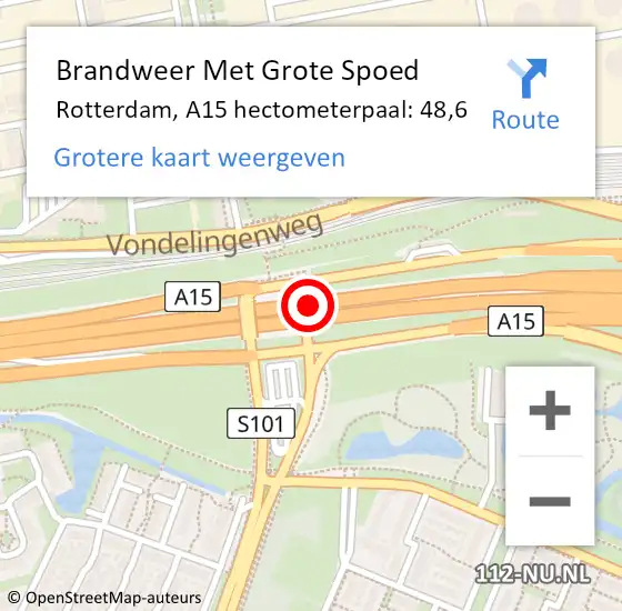 Locatie op kaart van de 112 melding: Brandweer Met Grote Spoed Naar Rotterdam, A15 hectometerpaal: 48,6 op 11 september 2023 18:12