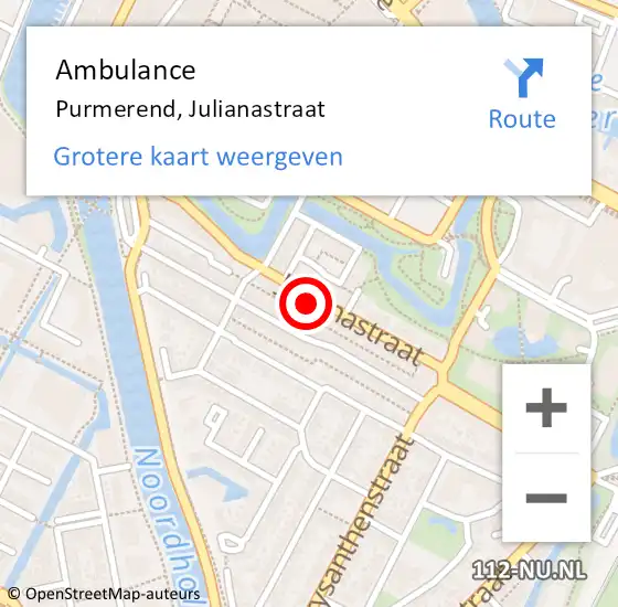 Locatie op kaart van de 112 melding: Ambulance Purmerend, Julianastraat op 11 september 2023 18:30