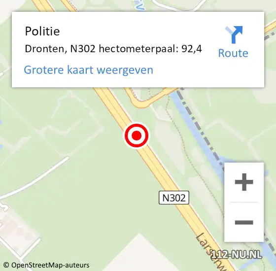 Locatie op kaart van de 112 melding: Politie Dronten, N302 hectometerpaal: 92,4 op 12 september 2023 07:56