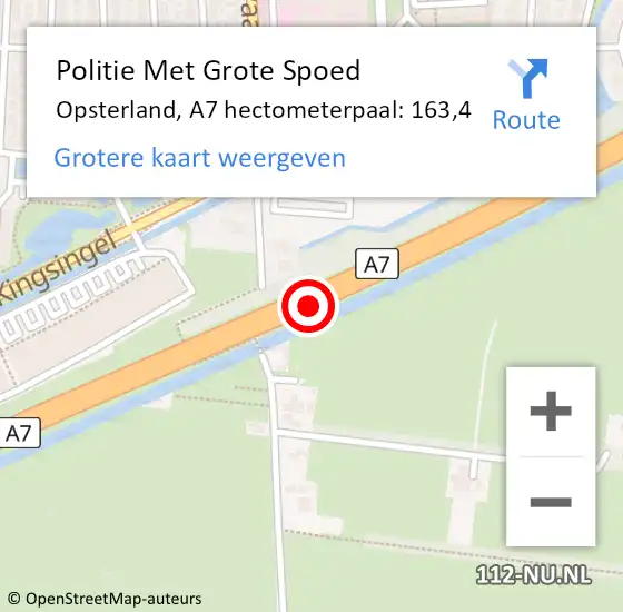 Locatie op kaart van de 112 melding: Politie Met Grote Spoed Naar Opsterland, A7 hectometerpaal: 163,4 op 12 september 2023 08:05