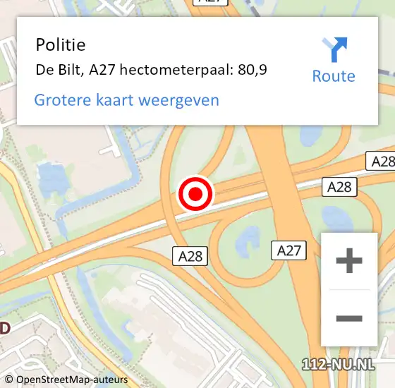 Locatie op kaart van de 112 melding: Politie De Bilt, A27 hectometerpaal: 80,9 op 12 september 2023 08:11
