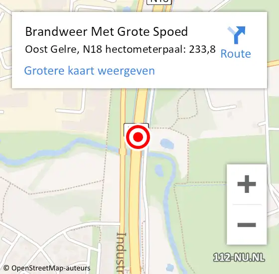 Locatie op kaart van de 112 melding: Brandweer Met Grote Spoed Naar Oost Gelre, N18 hectometerpaal: 233,8 op 12 september 2023 11:21