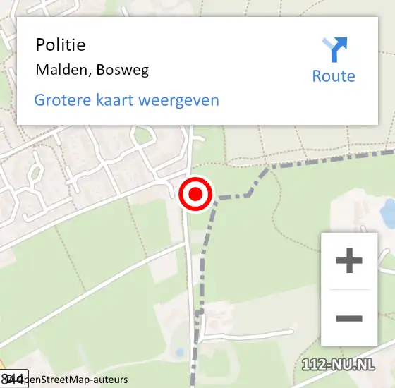 Locatie op kaart van de 112 melding: Politie Malden, Bosweg op 12 september 2023 12:16