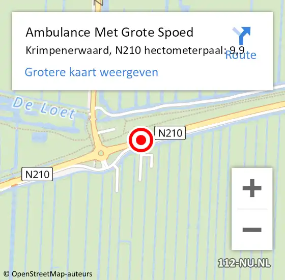 Locatie op kaart van de 112 melding: Ambulance Met Grote Spoed Naar Krimpenerwaard, N210 hectometerpaal: 9,9 op 12 september 2023 12:28