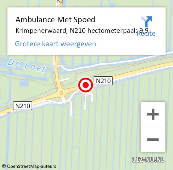 Locatie op kaart van de 112 melding: Ambulance Met Spoed Naar Krimpenerwaard, N210 hectometerpaal: 9,9 op 12 september 2023 12:37