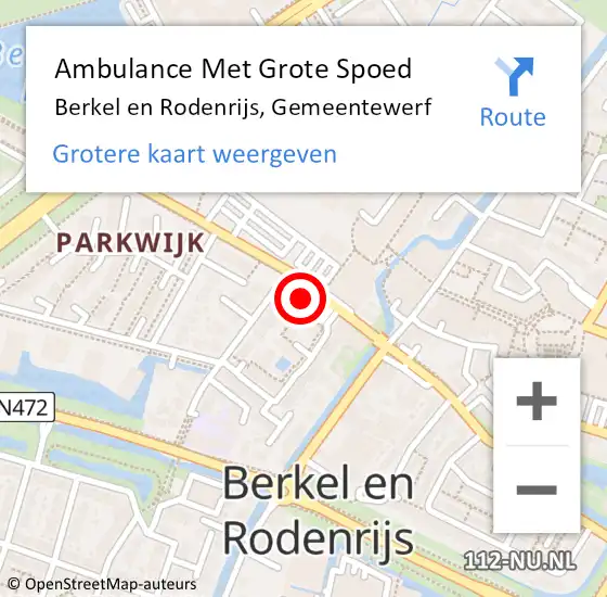 Locatie op kaart van de 112 melding: Ambulance Met Grote Spoed Naar Berkel en Rodenrijs, Gemeentewerf op 12 september 2023 17:22