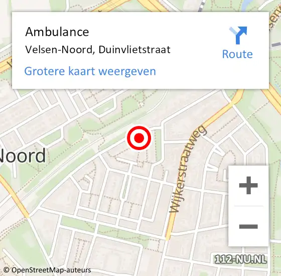 Locatie op kaart van de 112 melding: Ambulance Velsen-Noord, Duinvlietstraat op 12 september 2023 17:35