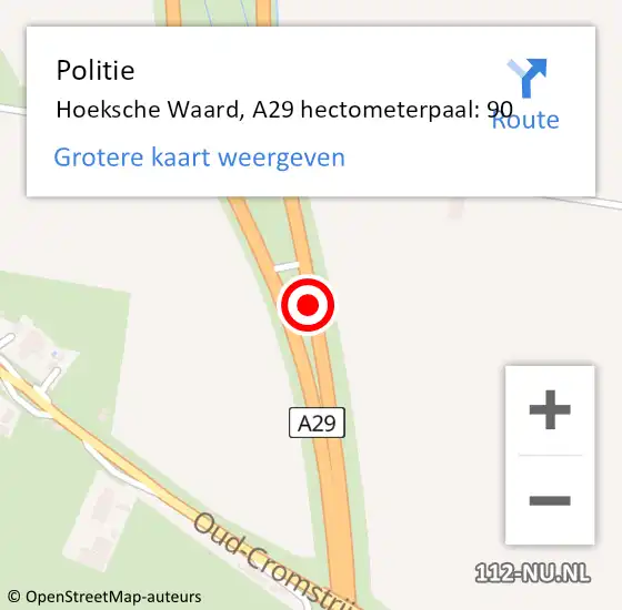 Locatie op kaart van de 112 melding: Politie Hoeksche Waard, A29 hectometerpaal: 90 op 12 september 2023 17:37