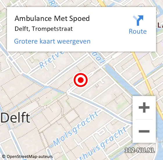 Locatie op kaart van de 112 melding: Ambulance Met Spoed Naar Delft, Trompetstraat op 12 september 2023 20:59