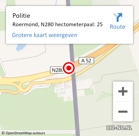 Locatie op kaart van de 112 melding: Politie Roermond, N280 hectometerpaal: 25 op 12 september 2023 21:06