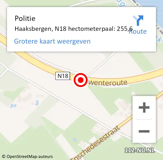 Locatie op kaart van de 112 melding: Politie Haaksbergen, N18 hectometerpaal: 255,6 op 13 september 2023 06:43