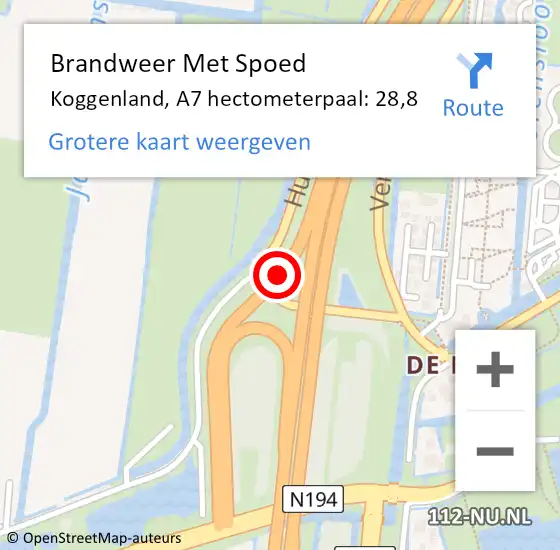 Locatie op kaart van de 112 melding: Brandweer Met Spoed Naar Koggenland, A7 hectometerpaal: 28,8 op 13 september 2023 06:51