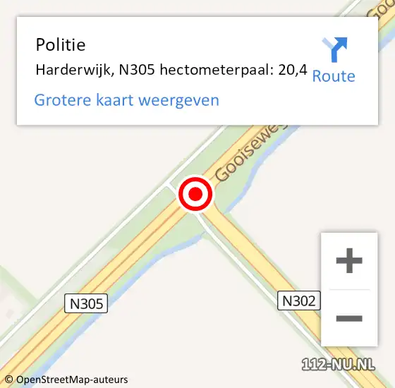 Locatie op kaart van de 112 melding: Politie Harderwijk, N305 hectometerpaal: 20,4 op 13 september 2023 08:19