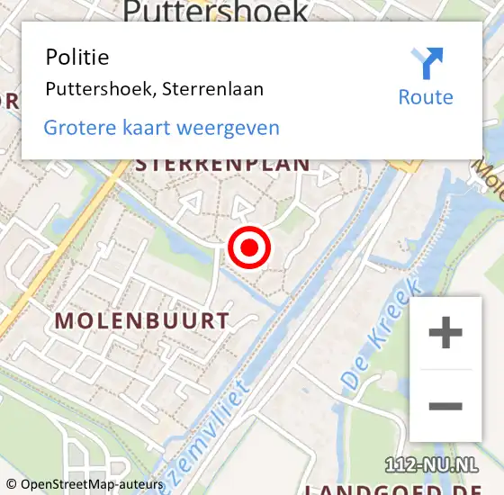 Locatie op kaart van de 112 melding: Politie Puttershoek, Sterrenlaan op 13 september 2023 09:38