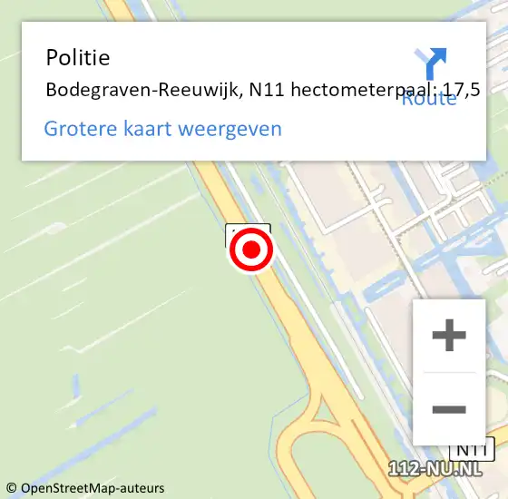 Locatie op kaart van de 112 melding: Politie Bodegraven-Reeuwijk, N11 hectometerpaal: 17,5 op 13 september 2023 11:10