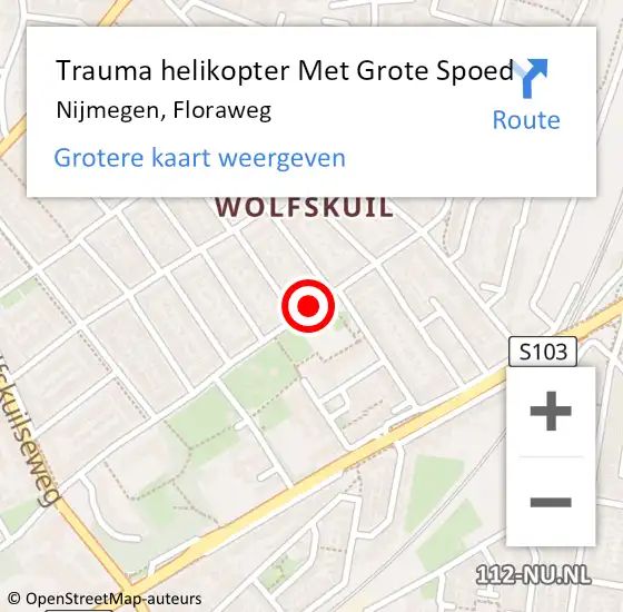 Locatie op kaart van de 112 melding: Trauma helikopter Met Grote Spoed Naar Nijmegen, Floraweg op 13 september 2023 11:46
