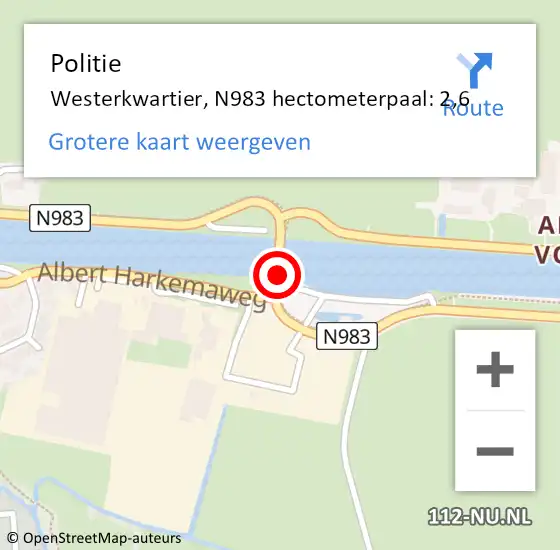 Locatie op kaart van de 112 melding: Politie Westerkwartier, N983 hectometerpaal: 2,6 op 13 september 2023 13:15