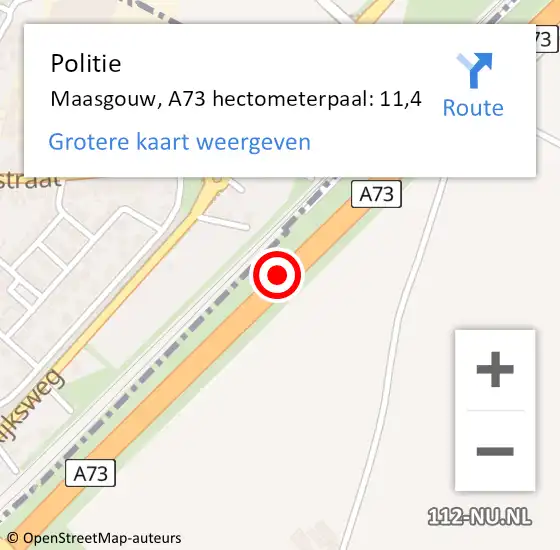 Locatie op kaart van de 112 melding: Politie Maasgouw, A73 hectometerpaal: 11,4 op 13 september 2023 15:09