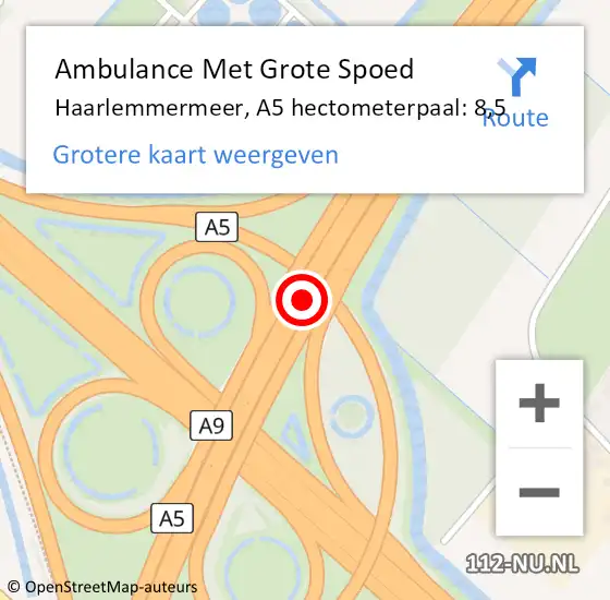 Locatie op kaart van de 112 melding: Ambulance Met Grote Spoed Naar Haarlemmermeer, A5 hectometerpaal: 8,5 op 13 september 2023 15:23