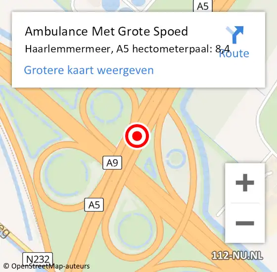Locatie op kaart van de 112 melding: Ambulance Met Grote Spoed Naar Haarlemmermeer, A5 hectometerpaal: 8,4 op 13 september 2023 15:33
