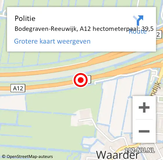 Locatie op kaart van de 112 melding: Politie Bodegraven-Reeuwijk, A12 hectometerpaal: 39,5 op 13 september 2023 16:31