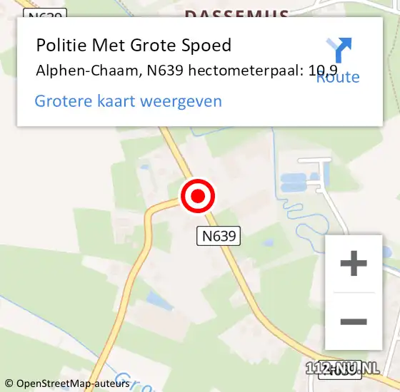 Locatie op kaart van de 112 melding: Politie Met Grote Spoed Naar Alphen-Chaam, N639 hectometerpaal: 10,9 op 13 september 2023 16:33