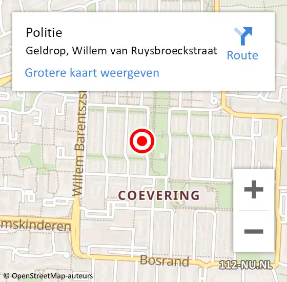 Locatie op kaart van de 112 melding: Politie Geldrop, Willem van Ruysbroeckstraat op 13 september 2023 16:45