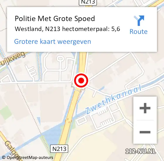 Locatie op kaart van de 112 melding: Politie Met Grote Spoed Naar Westland, N213 hectometerpaal: 5,6 op 13 september 2023 17:04