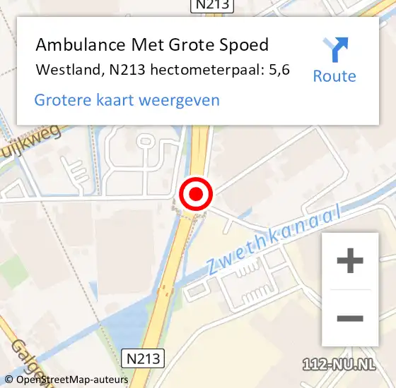Locatie op kaart van de 112 melding: Ambulance Met Grote Spoed Naar Westland, N213 hectometerpaal: 5,6 op 13 september 2023 17:07