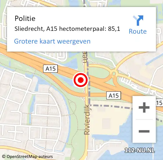 Locatie op kaart van de 112 melding: Politie Sliedrecht, A15 hectometerpaal: 85,1 op 13 september 2023 17:32