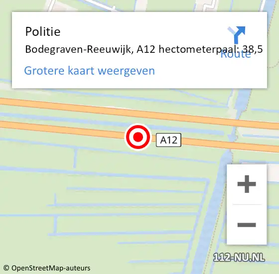 Locatie op kaart van de 112 melding: Politie Bodegraven-Reeuwijk, A12 hectometerpaal: 38,5 op 13 september 2023 19:14