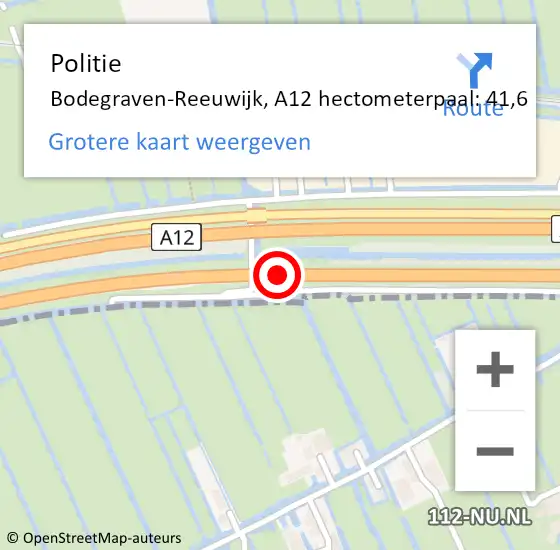 Locatie op kaart van de 112 melding: Politie Bodegraven-Reeuwijk, A12 hectometerpaal: 41,6 op 13 september 2023 19:22