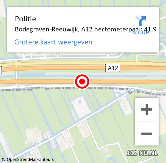 Locatie op kaart van de 112 melding: Politie Bodegraven-Reeuwijk, A12 hectometerpaal: 41,9 op 13 september 2023 19:24