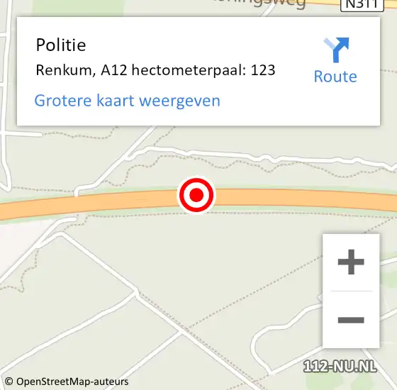 Locatie op kaart van de 112 melding: Politie Renkum, A12 hectometerpaal: 123 op 13 september 2023 21:31