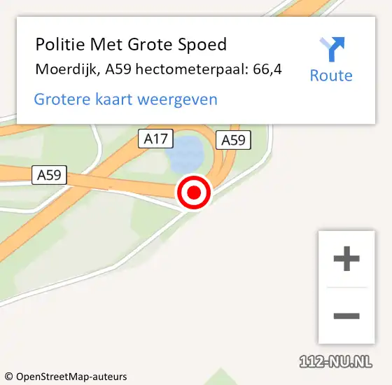 Locatie op kaart van de 112 melding: Politie Met Grote Spoed Naar Moerdijk, A59 hectometerpaal: 66,4 op 14 september 2023 00:31
