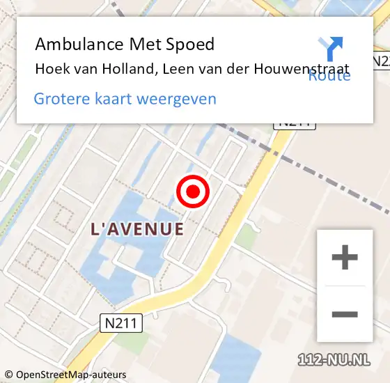 Locatie op kaart van de 112 melding: Ambulance Met Spoed Naar Hoek van Holland, Leen van der Houwenstraat op 14 september 2023 00:40