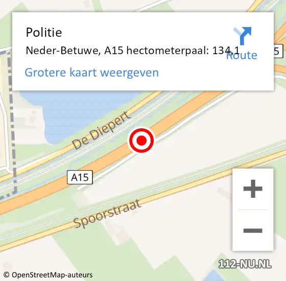 Locatie op kaart van de 112 melding: Politie Neder-Betuwe, A15 hectometerpaal: 134,1 op 14 september 2023 01:24