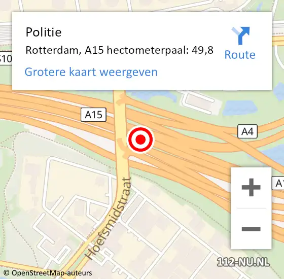 Locatie op kaart van de 112 melding: Politie Rotterdam, A15 hectometerpaal: 49,8 op 14 september 2023 06:52