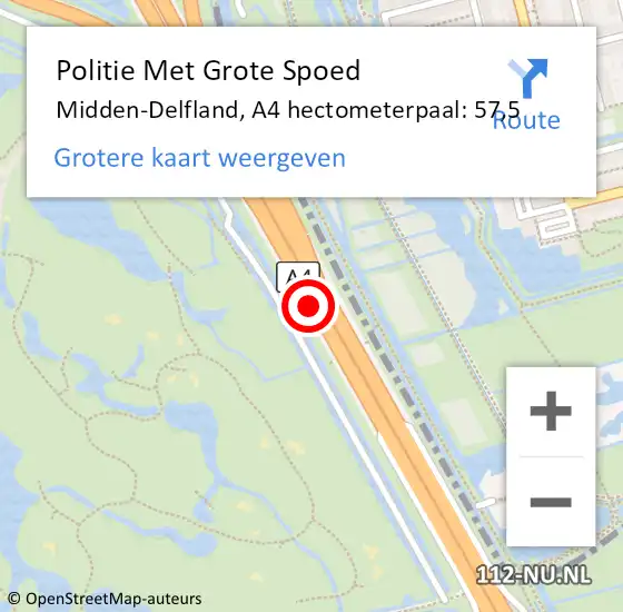 Locatie op kaart van de 112 melding: Politie Met Grote Spoed Naar Midden-Delfland, A4 hectometerpaal: 57,5 op 14 september 2023 06:55