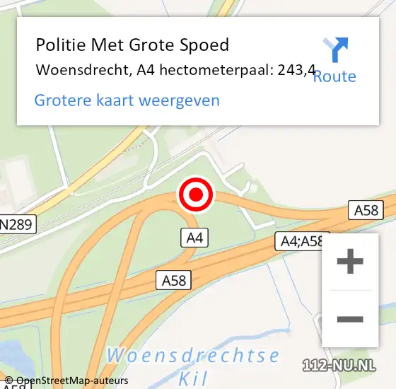 Locatie op kaart van de 112 melding: Politie Met Grote Spoed Naar Woensdrecht, A4 hectometerpaal: 243,4 op 14 september 2023 07:40