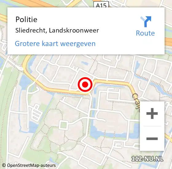 Locatie op kaart van de 112 melding: Politie Sliedrecht, Landskroonweer op 14 september 2023 07:59