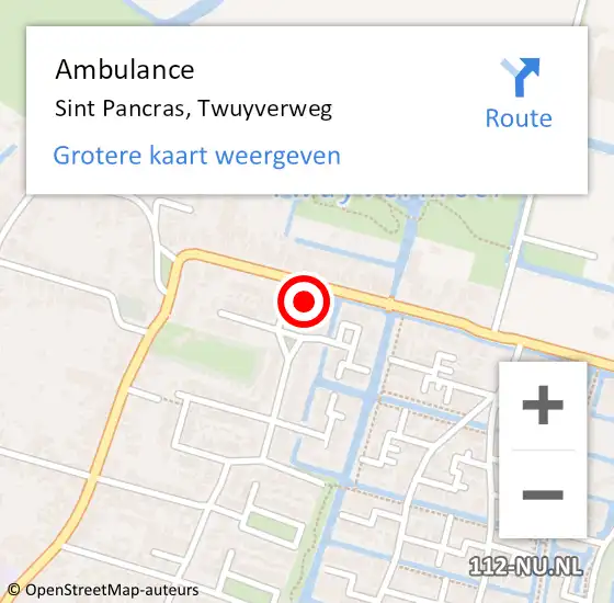 Locatie op kaart van de 112 melding: Ambulance Sint Pancras, Twuyverweg op 14 september 2023 08:02